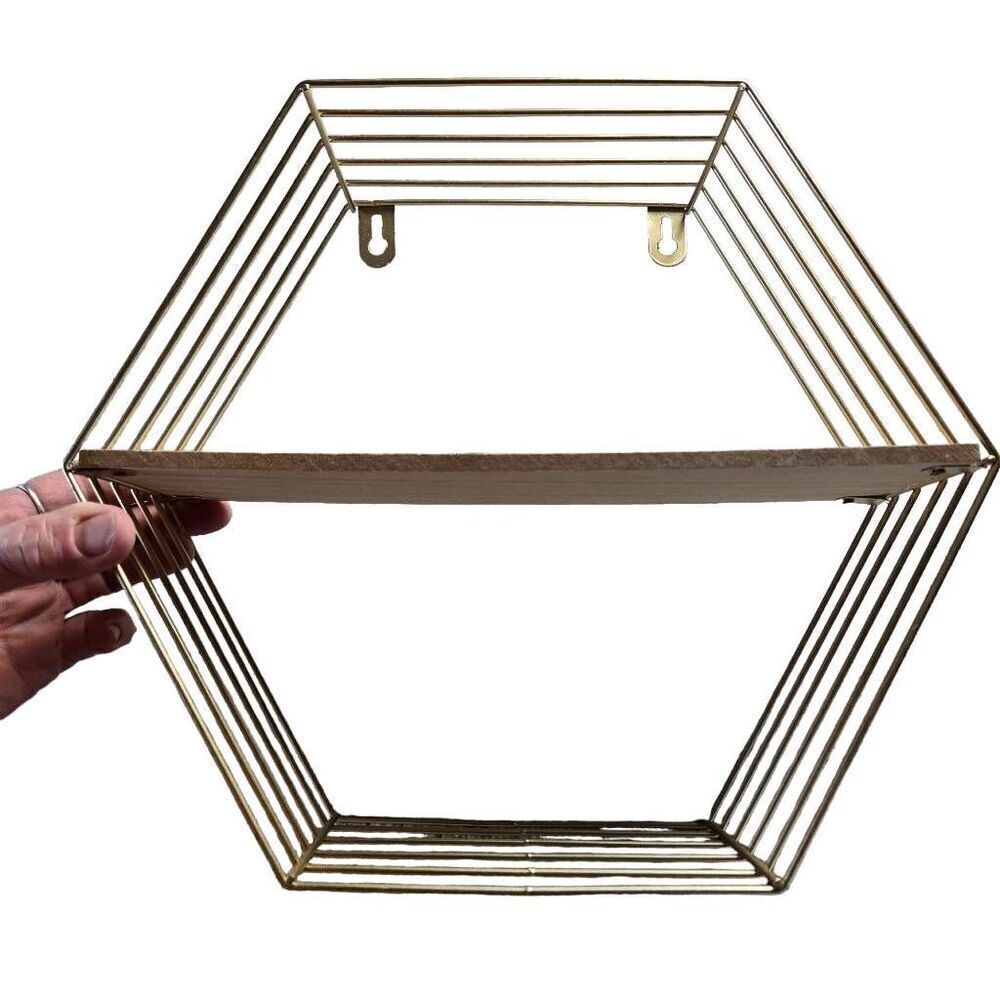 Gold and wood hexagon wall shelf Decor 12x10.5" - Picture 3 of 4